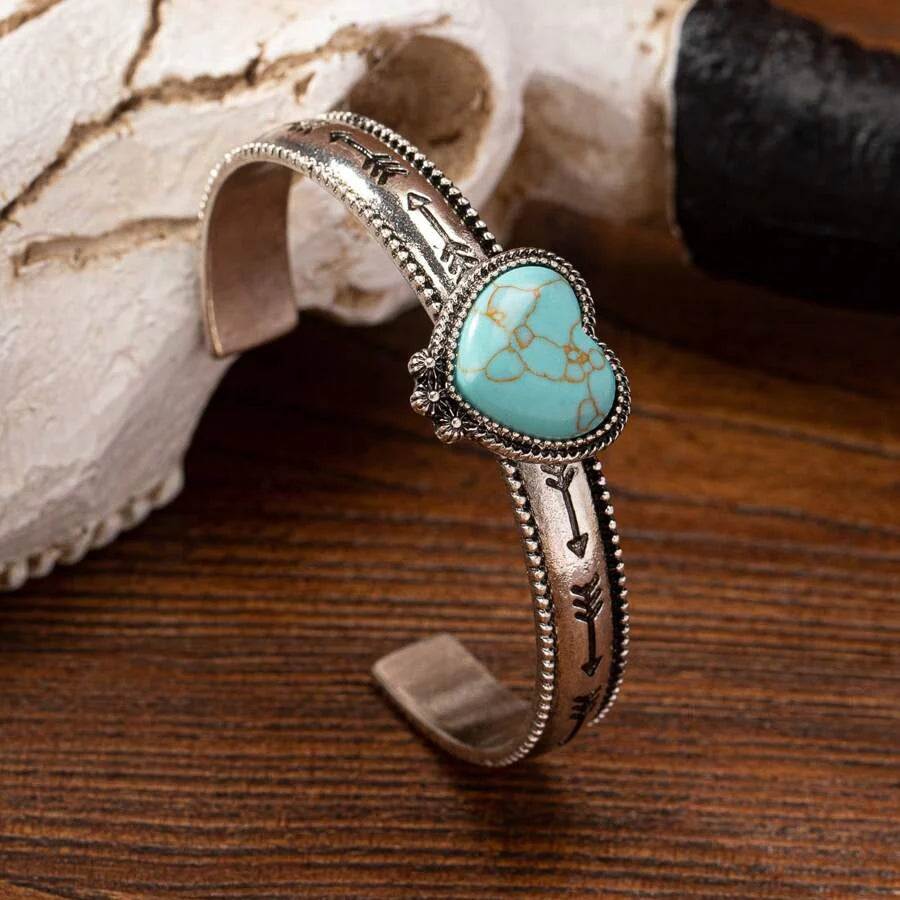 Western Style Heart Shape Turquoise Stone Decor Cuff Bangle Bracelet