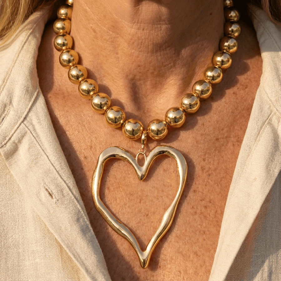 Vintage Gold Beaded Open Heart Pendant Necklace