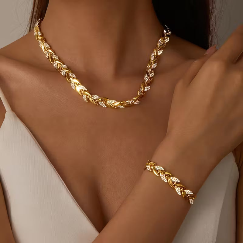 Gold Leaf Chain Necklace & Bracelet Set