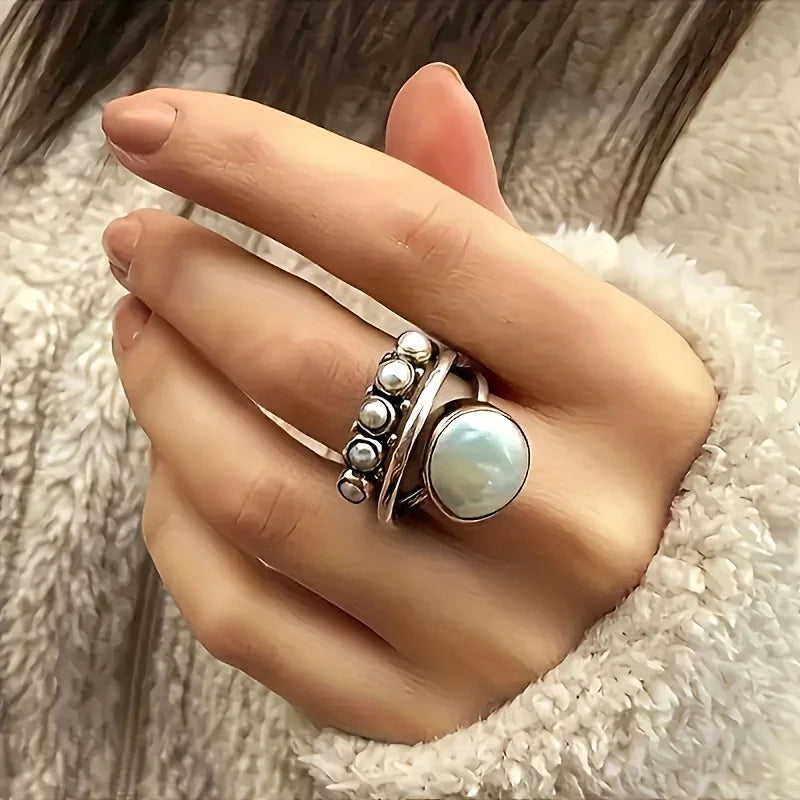 Classic Pearl & Silver Multi-Band Ring