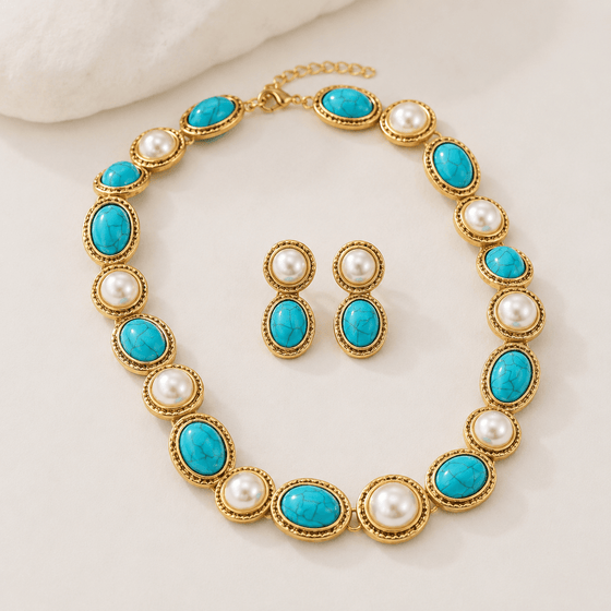 Turquoise & Pearl Antique Gold Statement Set