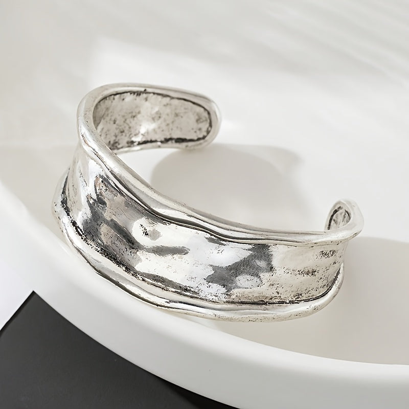 Vintage Hammered Silver Color Open Alloy Wide Cuff Bracelet