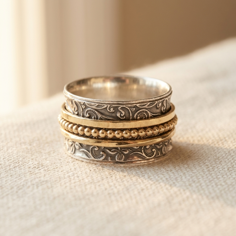 Vintage Inspired Silver & Gold Spinner Statement Ring