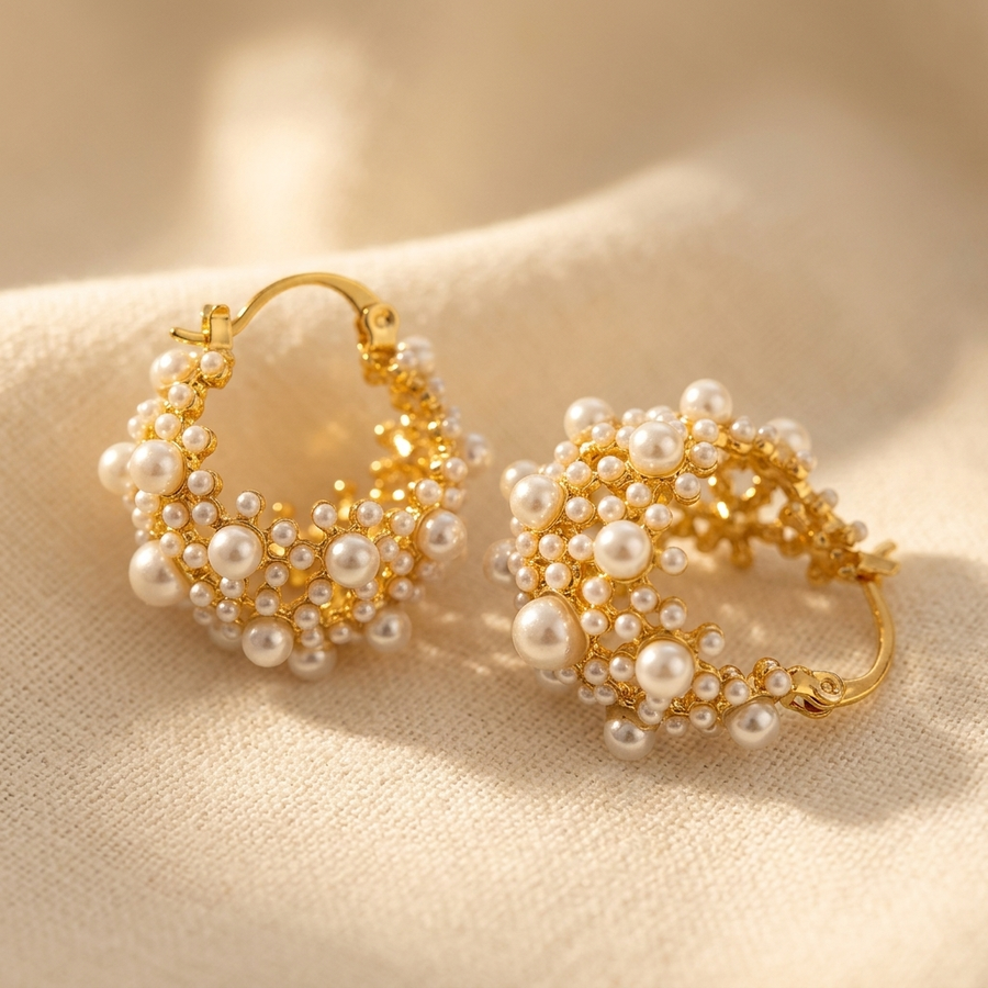 Vintage Pearl Cluster Hoop Earrings