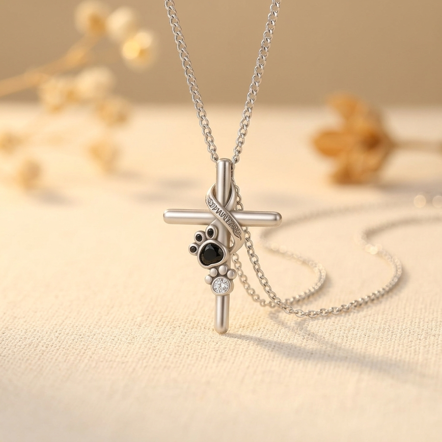 Silver paw and cross pendant necklace