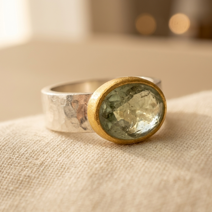 Vintage Emerald Green Hammered Silver Gold Ring