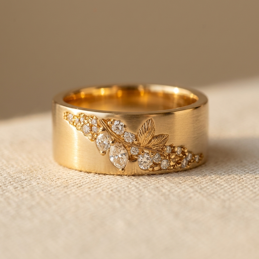 Vintage Wide Gold Plated Shiny Zirconia Leaf Ring