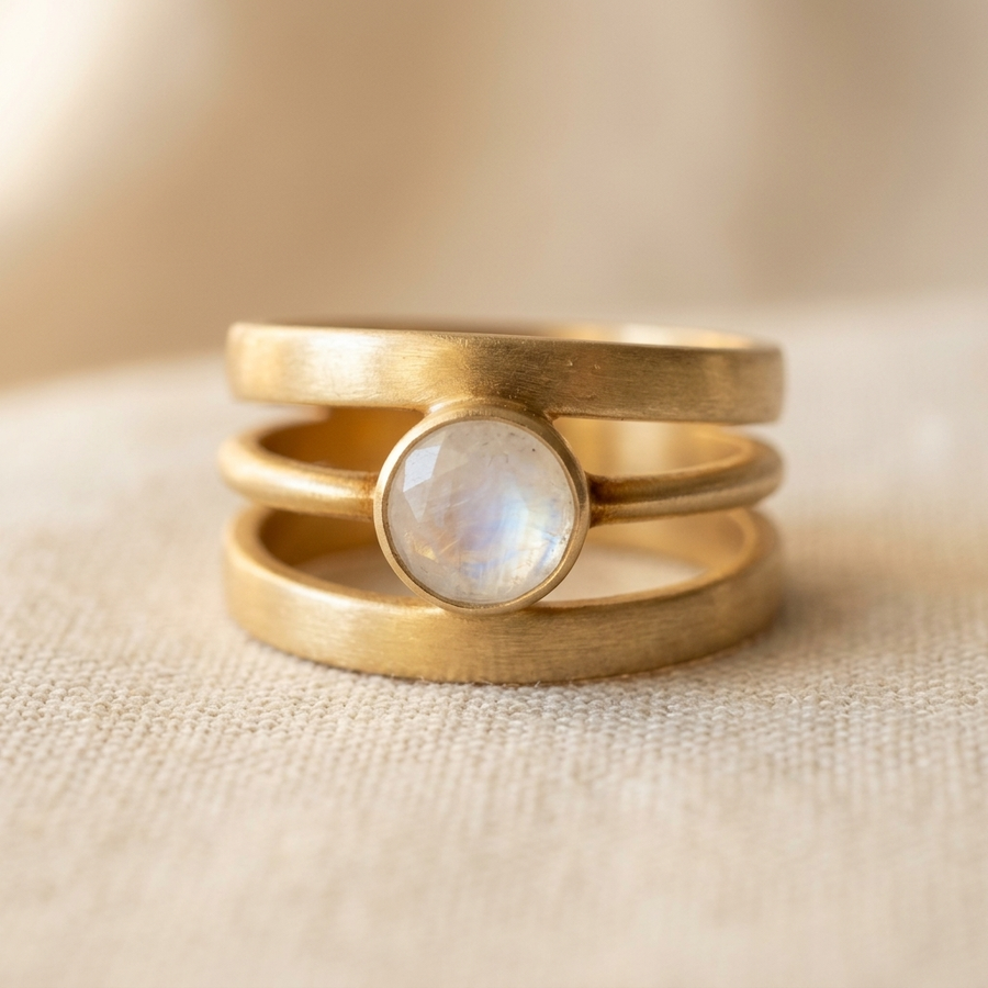 Vintage Moonstone Gold Triple Band Artisan Ring