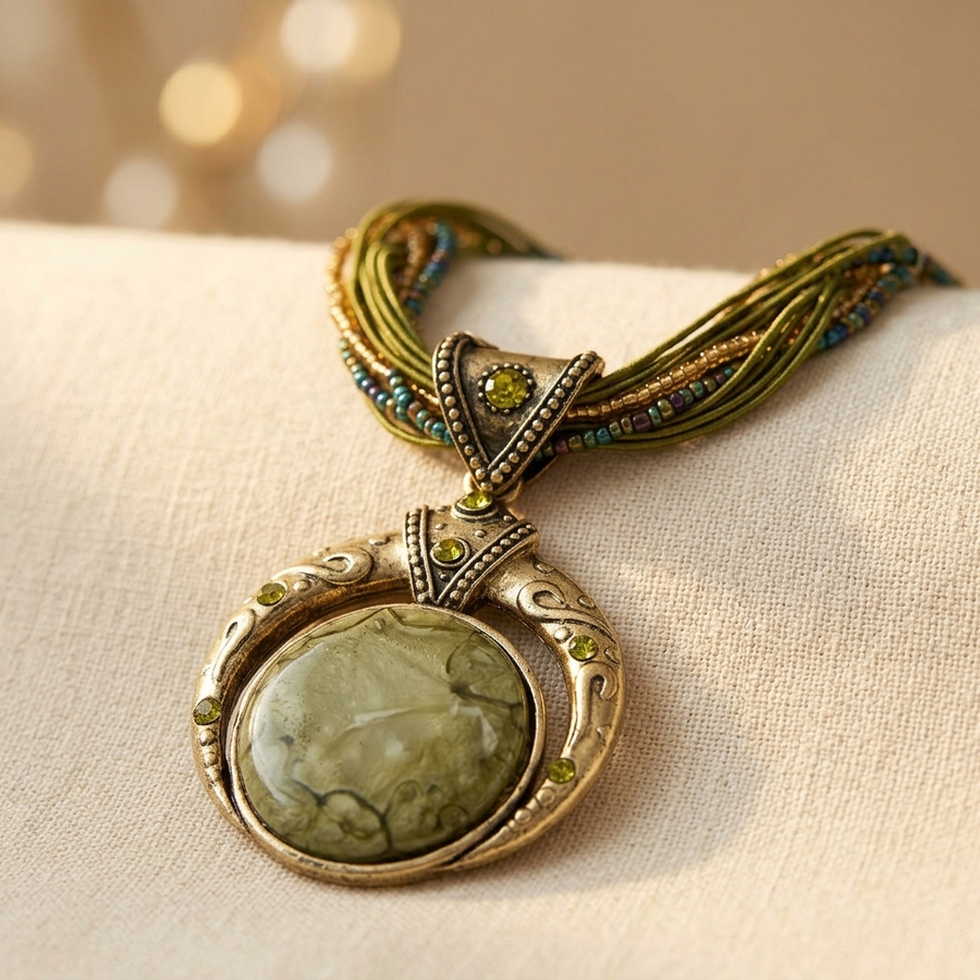 Vintage Green Crystal Ethnic Pendant Necklace