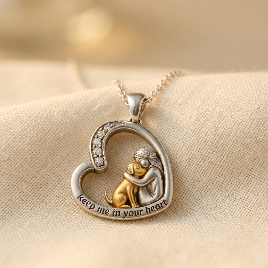 Silver heart necklace with dog and zirconia stones
