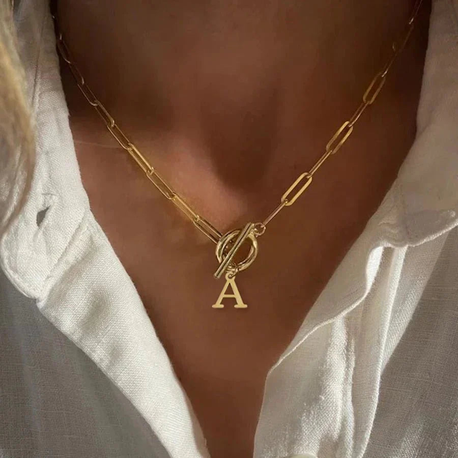Paperclip Initial Necklace with Circle Toggle Clasp